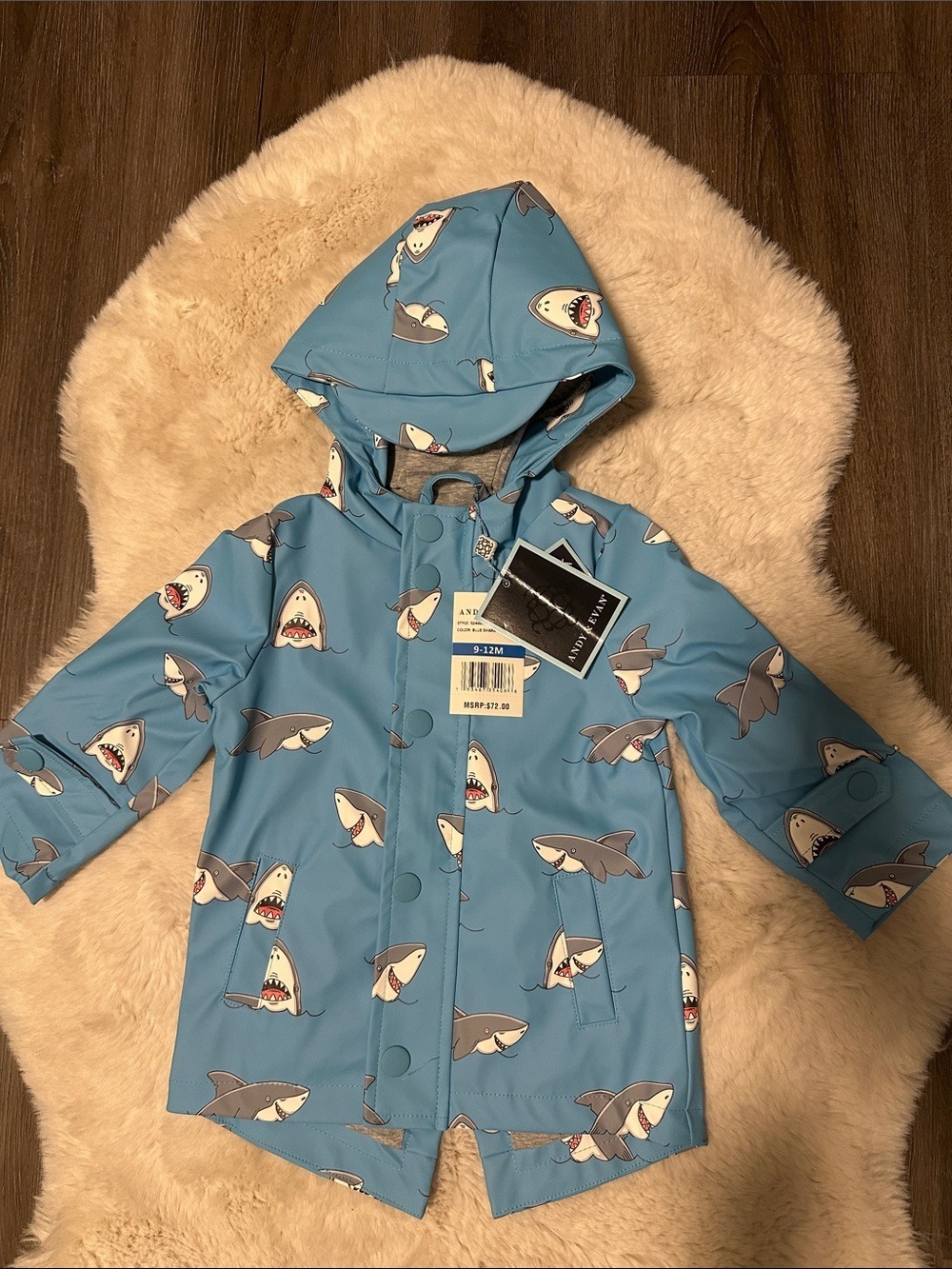 Andy & Evan Blue Shark Hooded Rain Jacket 9-12 months